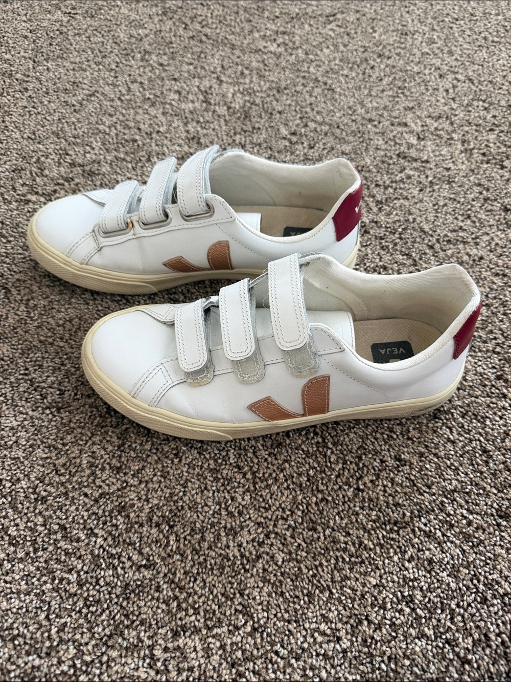 Veja White Velcro Sneakers with gold V and red Heel patch